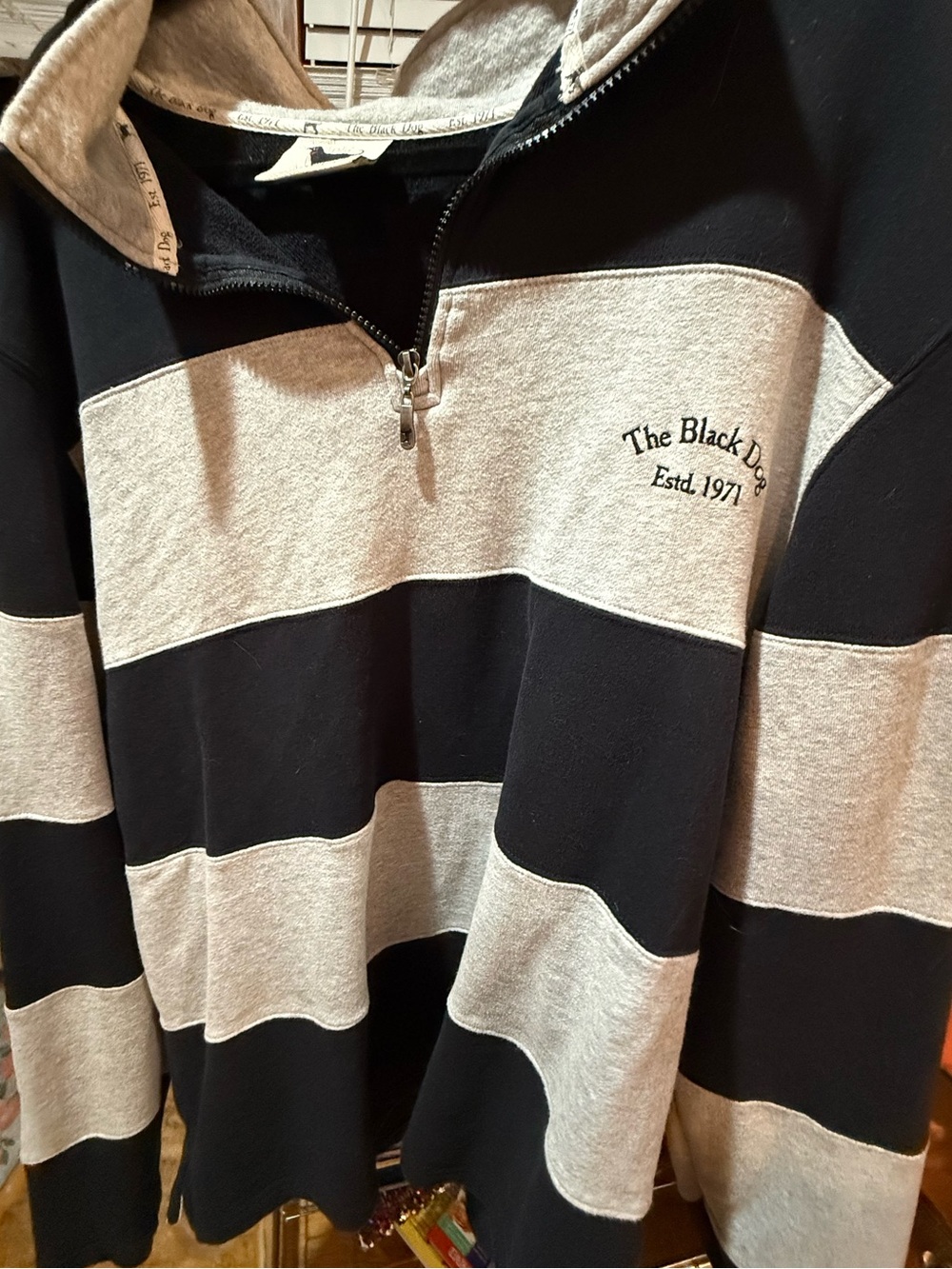 The Black Dog Men’s Black and Gray Striped Half-Zip Pullover